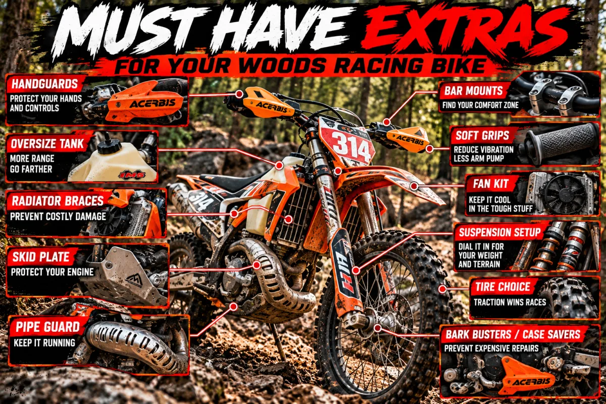 What are the must-have extras on a woods racing bike?